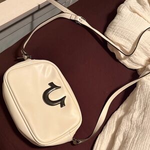 True Religion Cream Crossbody Bag with Black Logo